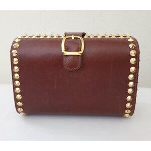 CC SKYE Brown Leather Studded Mini Handheld Clutch With Gold Buckle Detail